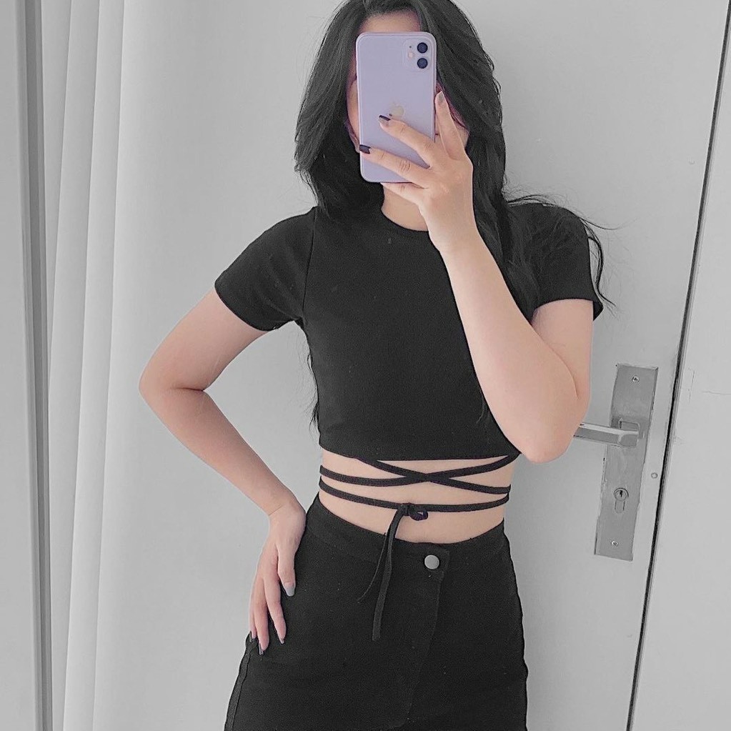Áo croptop dây eo nữ ôm VIETSTAR áo crt ngắn tay hở rốn chất bozip thời trang | BigBuy360 - bigbuy360.vn