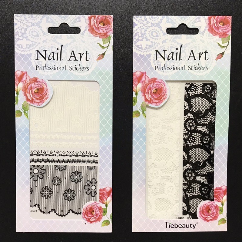 Sticker dán móng nail vải ren trắng đen