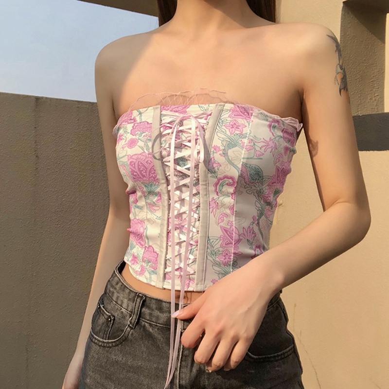 Áo nịt ngực ngắn ôm sát họa tiết hoa hồng với dây buộc chéo phong cách gợi cảm cổ điển thời trang mùa hè cho nữ