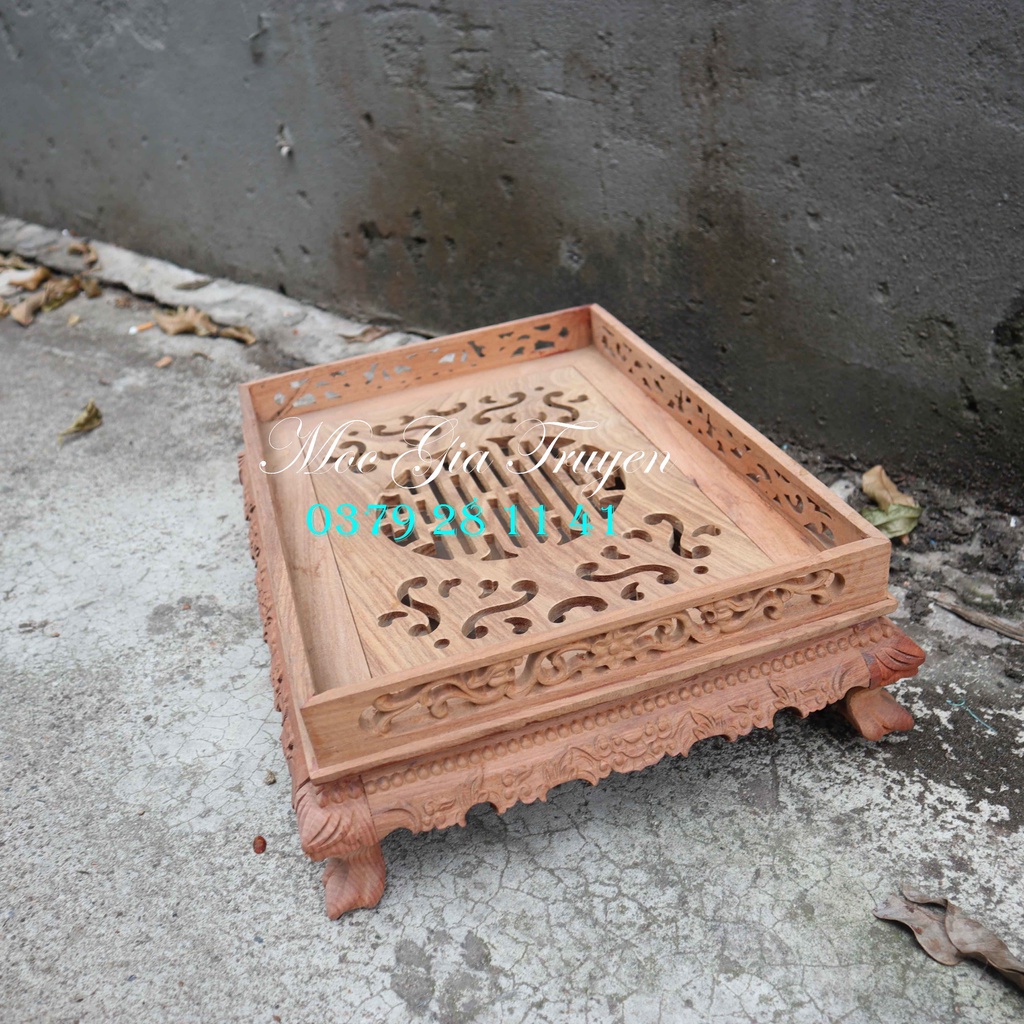 Khay trà phòng khách bàn trà chân quỳ gỗ hương có khay inox