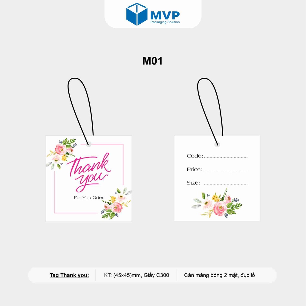 Tag Thanks, Tag Quần Áo, Mác Treo, Thẻ Treo Size (45 x 45)mm, Giấy Couche 300 Cán Màn Bóng