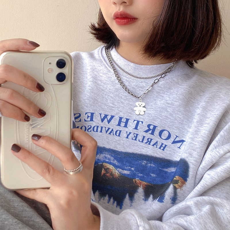 Dây Chuyền Hai Lớp Mặt Hình Gấu Phong Cách Hip Hop Cá Tính