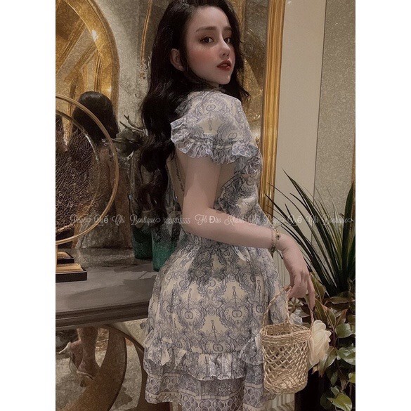 Đầm xòe họa tiết thổ cẩm bèo nơ ngực hở lung-Đầm maxi biển