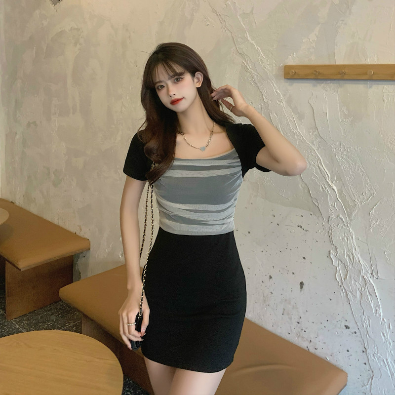 SUXI Đầm tay ngắn phối lưới thiết kế thanh lịch GỢI CẢM cho nữ