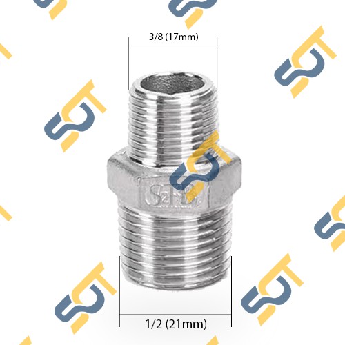 [KÉP THU] Chuyển 1/2 21 xuống 13 & 17 hai đầu ren ngoài bằng INOX (Inox pipe reducing hexagon nipple) Man thu & đều