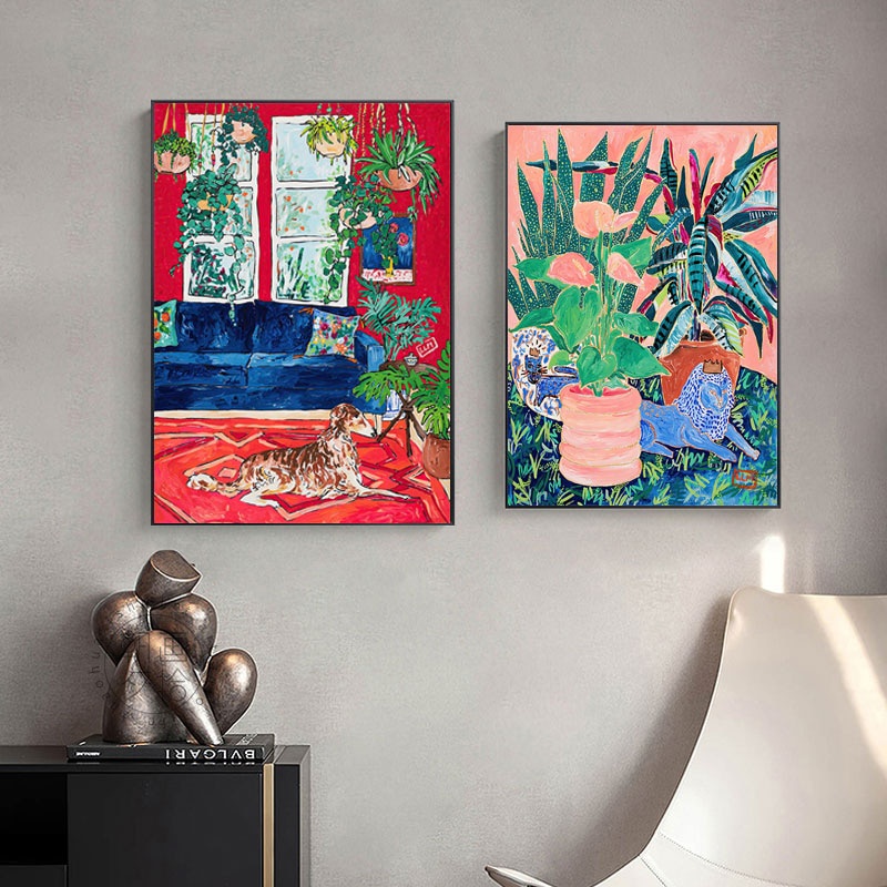 Tranh Sơn Dầu Treo Tường Trang Trí Hình Mèo Và Cây Cối Phong Cách Retro