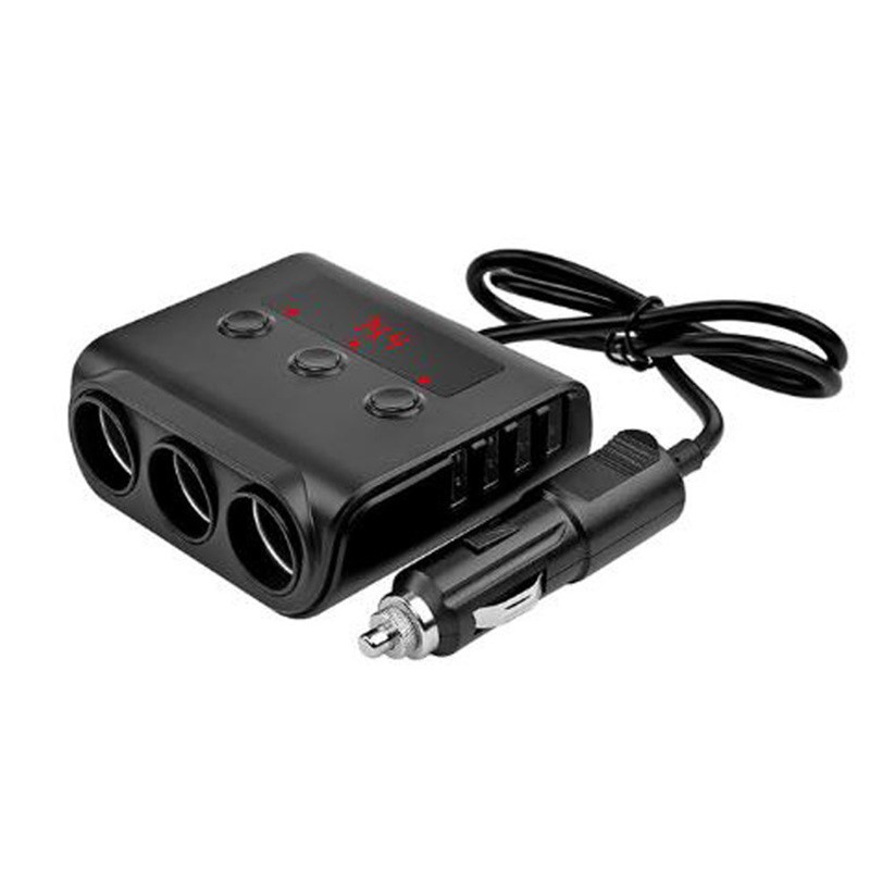 Featured Car Charger 3 Socket Cigarette Lighter Splitter 4 USB Ports Cooling Hole Design With LED Digital Diaplay