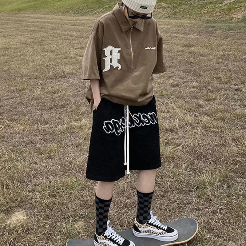 Quần Short Lưng Cao Ống Rộng Dây Rút In Họa Tiết retro Mỹ 3 Màu Sắc Cho Nữ