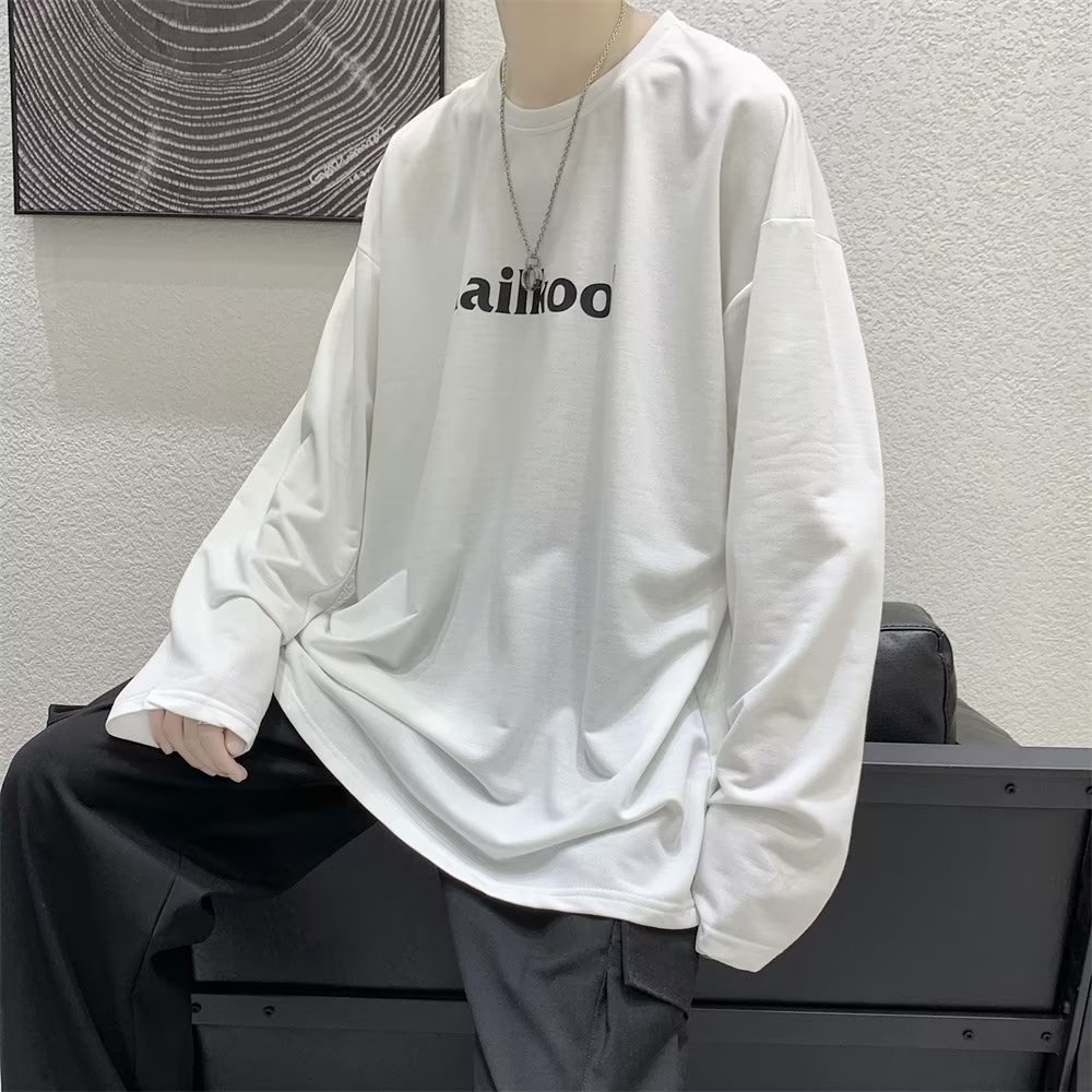 Áo Thun Tay Dài Oversized Vừa Vặn In Chữ Đơn Giản Màu Trắng Đen Xám Thời Trang Hàn Quốc Dành Cho Nam Nữ