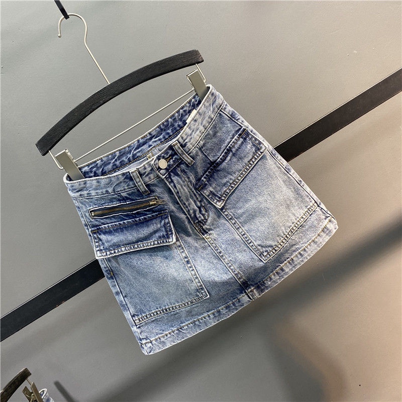 European tooling pocket denim skirt women's 2022 summer new skinny a-bag hip half skirt