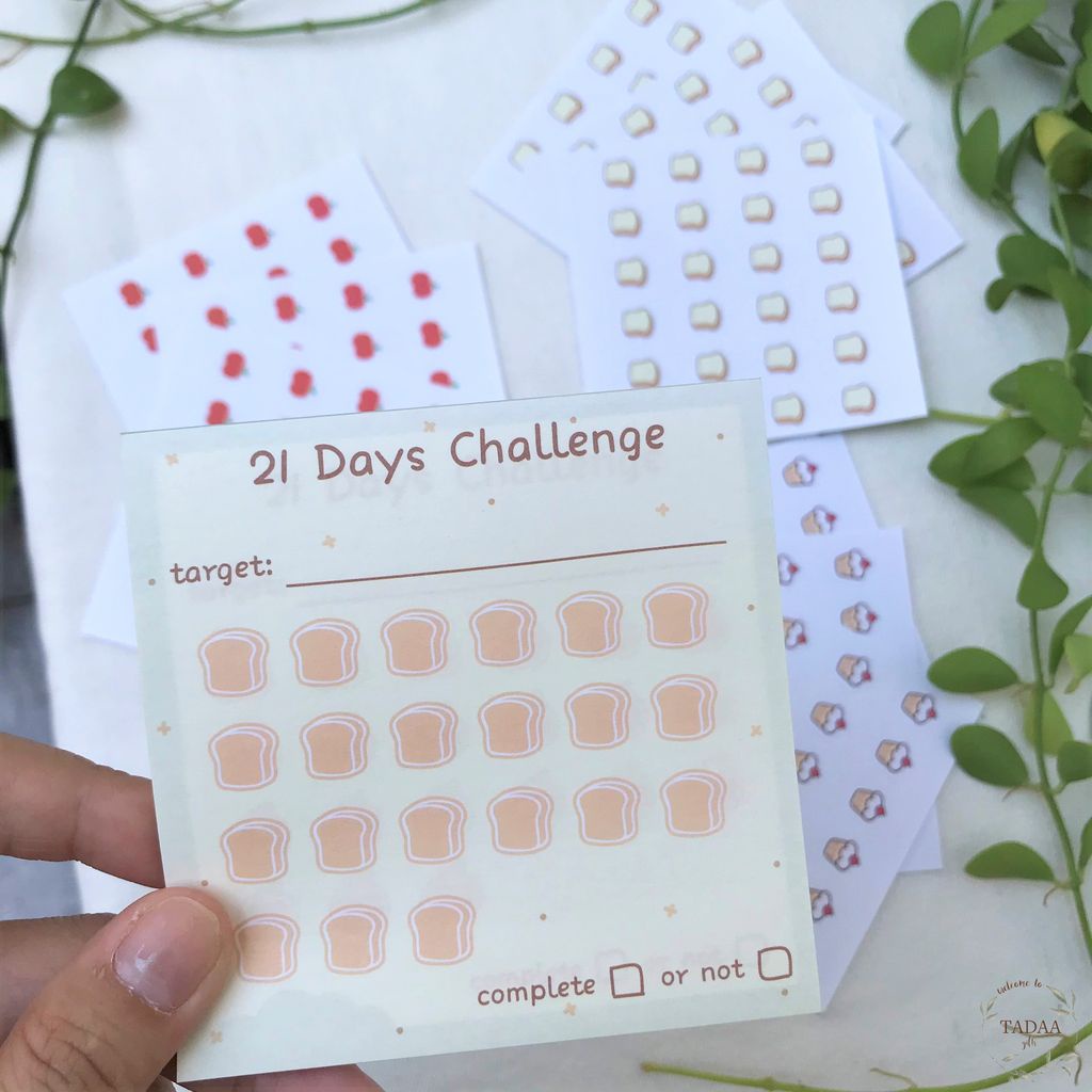 Giấy ghi chú, note, 21 ngày challenge kèm sticker lên kế hoạch mục tiêu pastel check list, học từ vựng