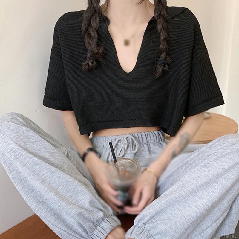 Áo Croptop Dệt Kim Tay Ngắn Dáng Rộng Cổ Chữ V Thời Trang Cho Nữ