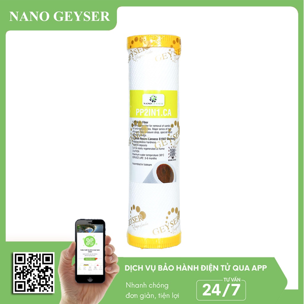 Bộ 2 lõi lọc nước 12 dùng cho các dòng máy NANO và UF, Lõi PP.2IN1.GAC, Cation Nano Geyser