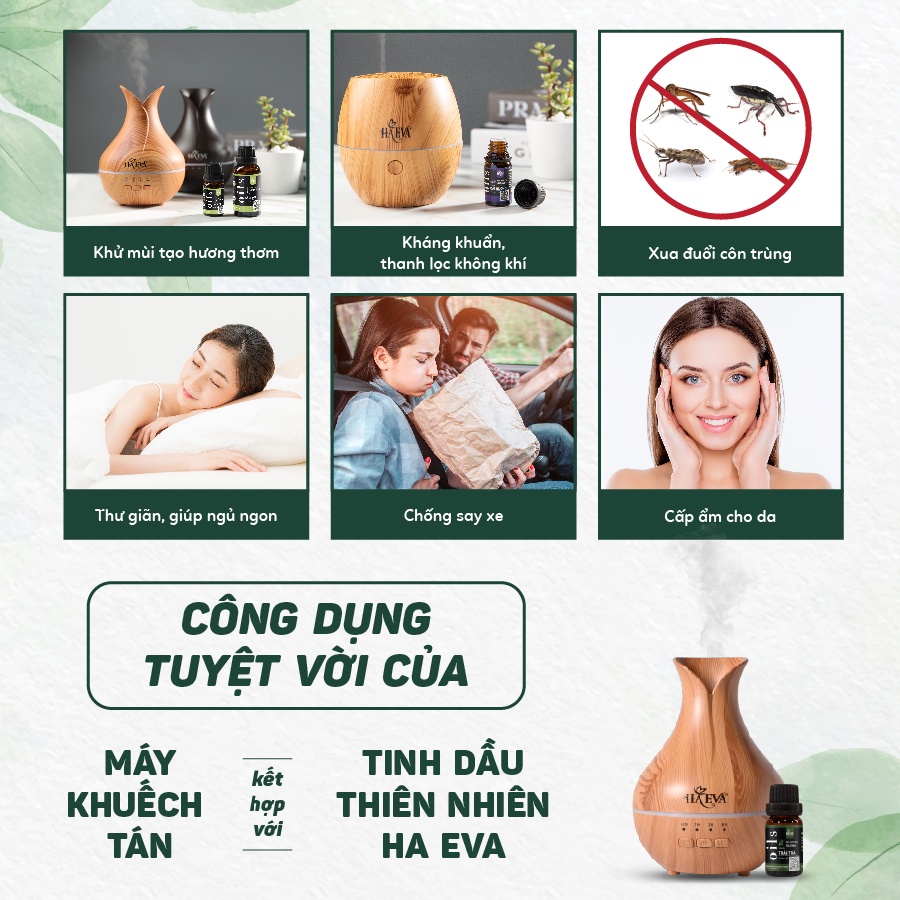 Máy xông tinh dầu Haeva MKT-014 Chất liệu cao cấp, Vân Gỗ sang trọng,tạo độ ẩm, hẹn giờ thông minh, đèn Led 7 màu