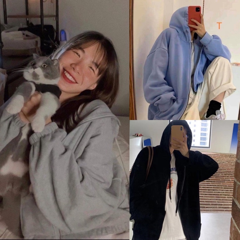 Áo khoác nỉ trơn oversize phong cách ulzzang , áo hoodie nỉ mũ to form rộng 2 màu đen và xám | BigBuy360 - bigbuy360.vn