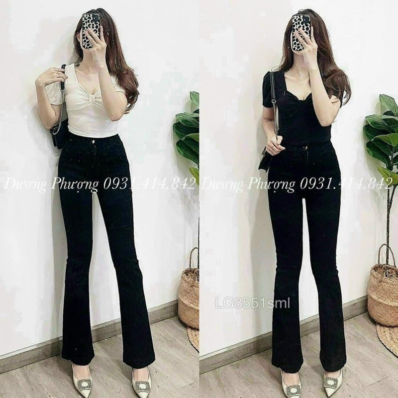 Quần jeans loe cạp cao phom dài may gấu chất bò dãn hack chân