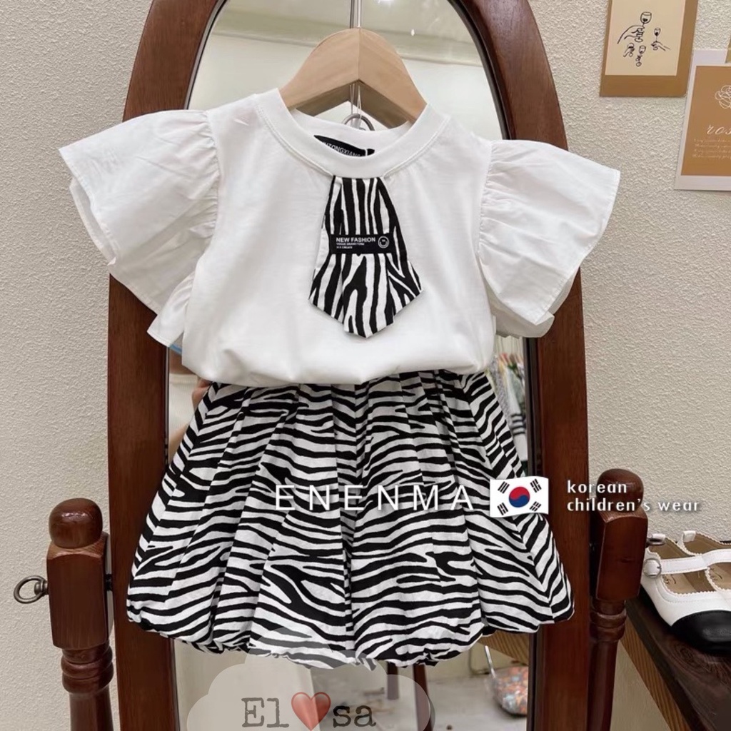 Váy bé gái - Set áo cotton họa tiết cà vạt kèm quần báo vằn siêu xinh