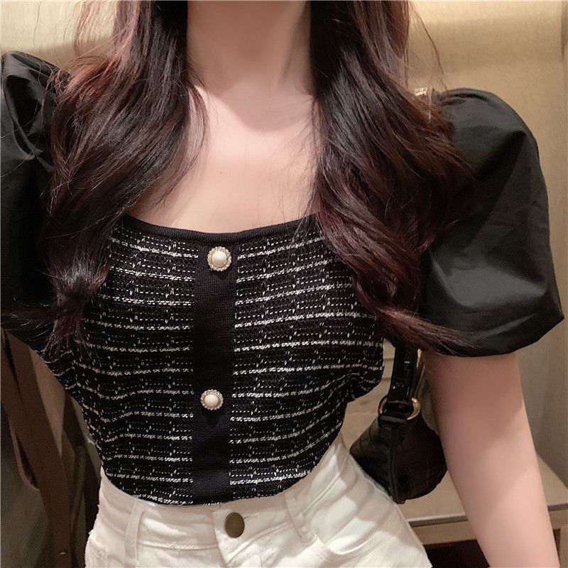 Áo dệt kim tay ngắn phồng cổ vuông phong cách Hong Kong thời trang dành cho nữ