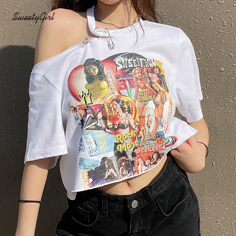 Áo Croptop Tay Ngắn Cổ Tròn In Họa Tiết Hoạt Hình Thời Trang Cho Nữ