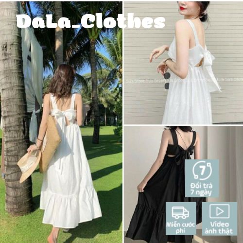 Váy đầm nữ 2 dây buộc nơ lưng trắng đen dáng suông dài cổ vuông freesize phom rộng đi biển du lịch hở lưng sexy xinh