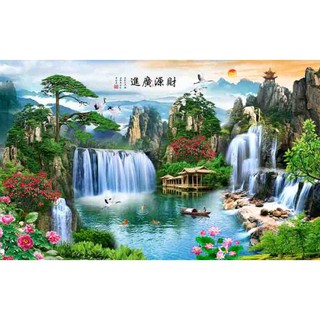 Com bo 2 bức tranh đính đá toàn bộ - tranh phong cảnh kt 70*110 , cây kim tiền vàng kt 60*95 ( đá tròn)