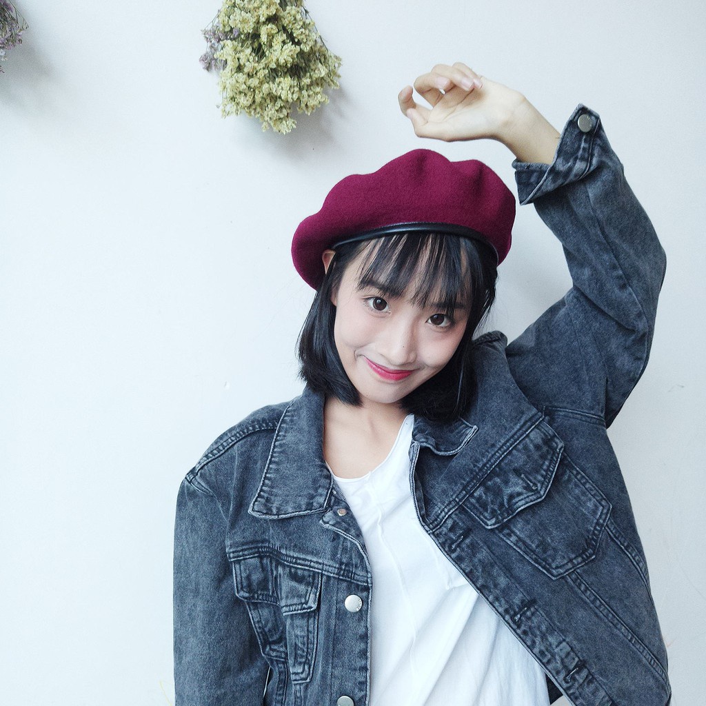 Mũ beret vải len phối da thiết kế đơn giản phong cách retro Hong Kong thời trang thu đông cho nữ