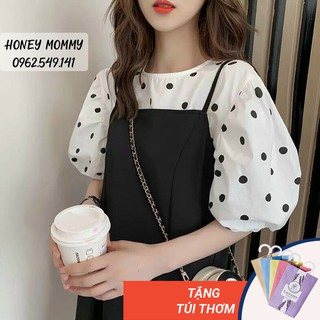 Váy Bầu Yếm Chấm Bi Tay Phồng Dáng Suông HD2827 Honey Mommy Đầm Bầu Mùa Hè Ngắn Tay Công Sở
