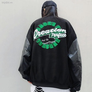 Áo khoác nữ bằng da PU dáng rộng phối màu tương phản thời trang phong cách hip hop