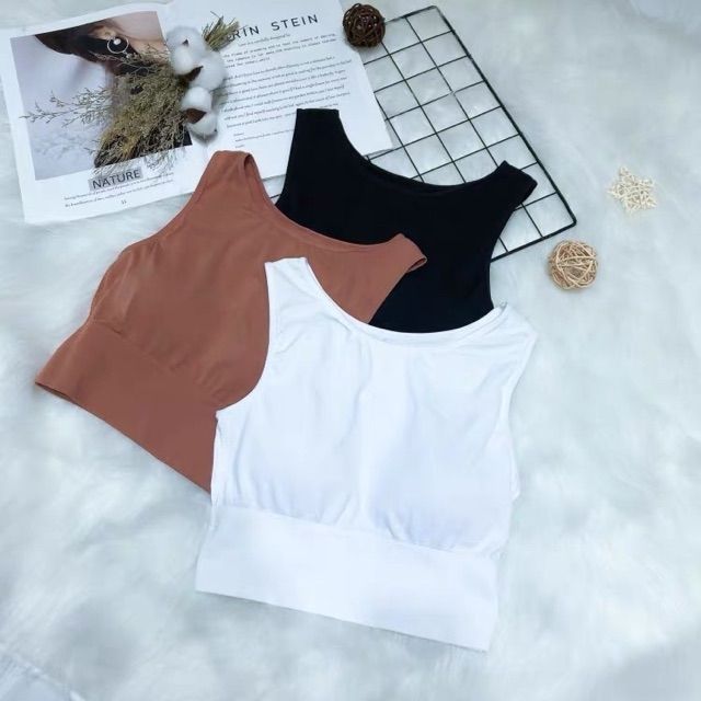 Áo ngực bra cotton mềm mại co giãn 3 lỗ dáng croptop màu đen trắng cam có đệm ngực 013