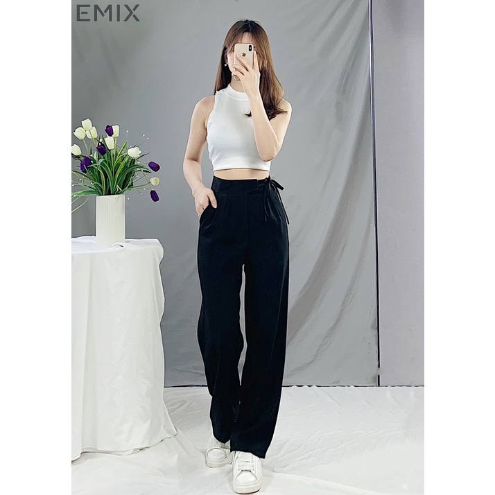 Quần vải xuông buộc dây EMIX (3 màu), basic trousers, dáng dài, cạp cao, ống suông, kèm dây đai, chất liệu tuytxi 534