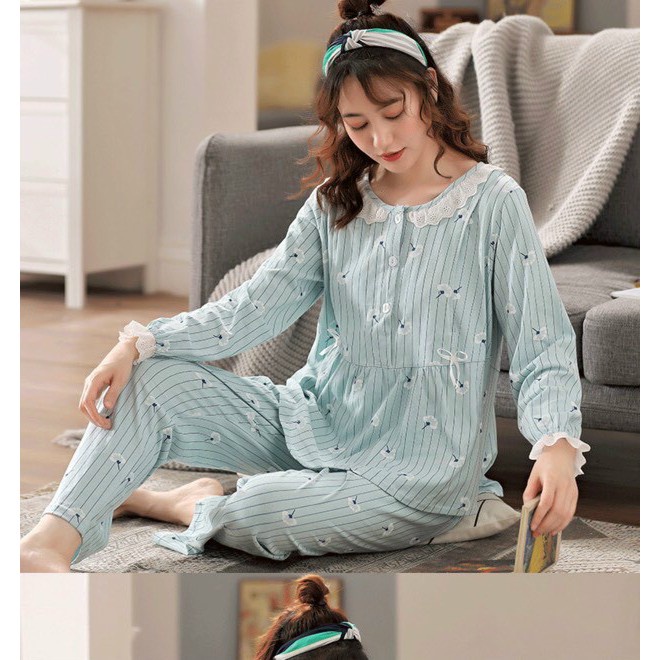 Bộ đồ bầu sau sinh dài tay Chicmom sọc kẻ chất cotton, có khoá ngực cho bé ti, quần có chun chỉnh bụng CM019