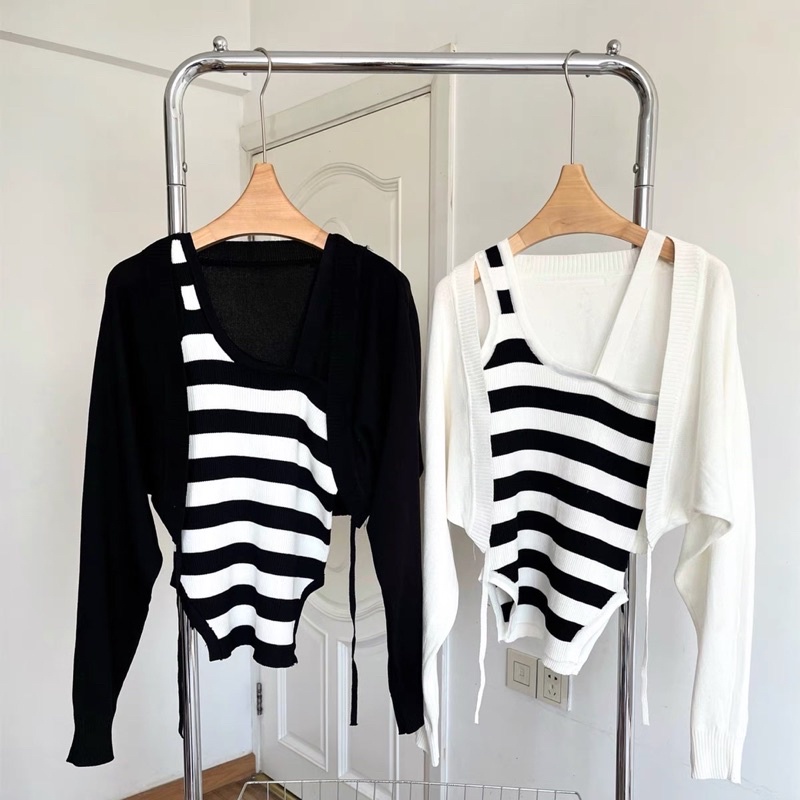 [OOTD BIGSIZE 60-90KG] Set áo len sọc khoác lửng