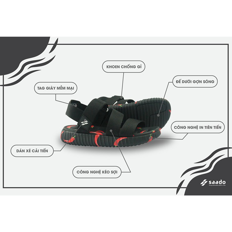 [CHÍNH HÃNG] SANDAL SAADO | SC01 – Yezi Black Chili – Màu Đen Đỏ Họa Tiết Ớt | Giày Sandal Nam Nữ Cao Cấp