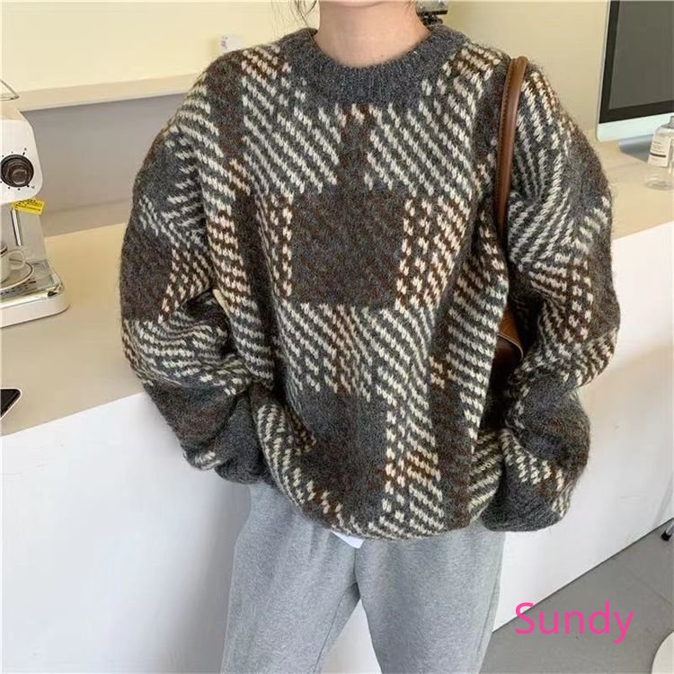 Áo Sweater Dệt Kim Tay Dài Dáng Rộng In Họa Tiết Caro Kiểu Vintage Thời Trang Mùa Thu Cho Bạn Gái