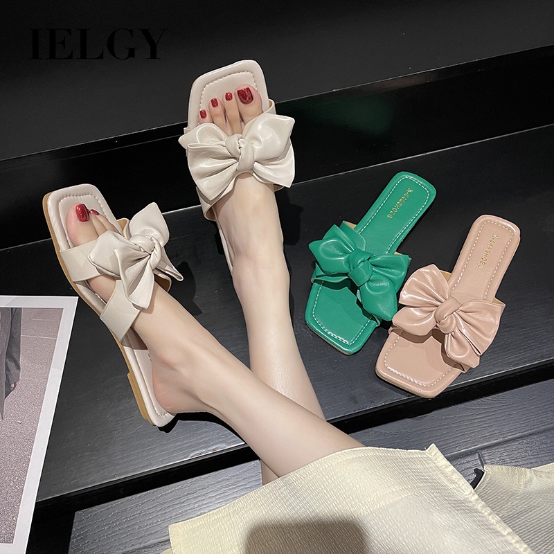 IELGY Dép nữ đi biển  đế bằng đính nơ thời trang mùa hè