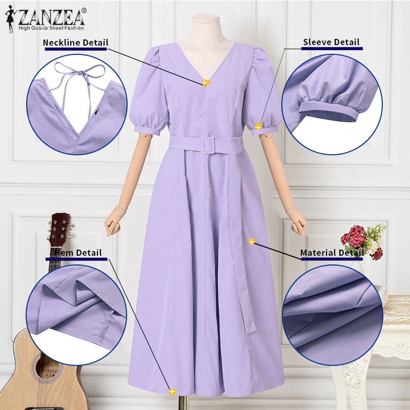 Đầm Zanzea tay phồng cổ chữ V phong cách Hàn Quốc thời trang cho nữ