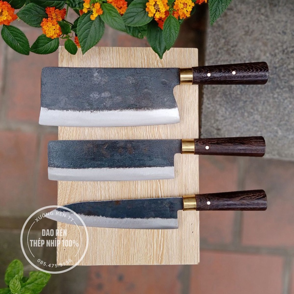 Bộ 3 Dao Nhà Bếp, Thép Nhíp Chuẩn - Rèn Thủ Công, Cán Gỗ Mun, Dao Chặt, Thái, Lọc