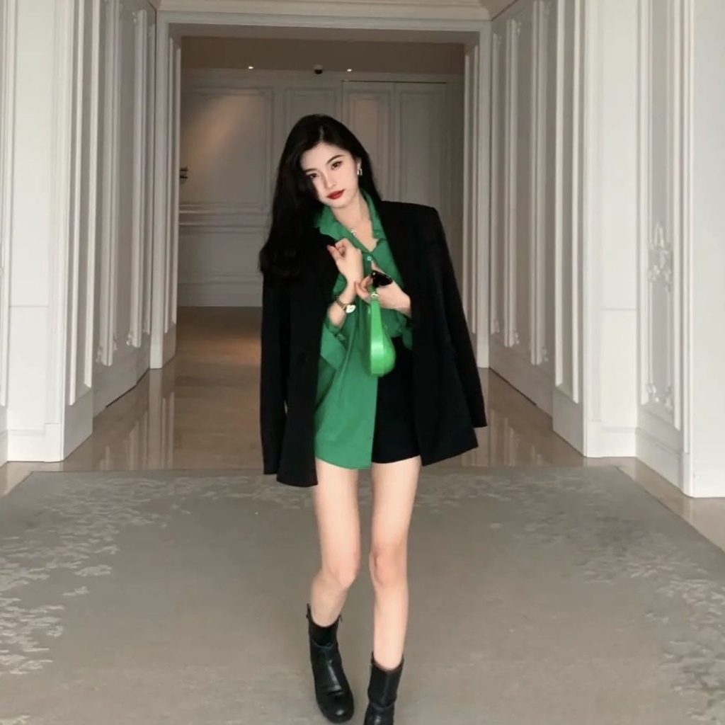 Shirt Spring clothes women's 2022 new net red retro green shirt women's design sense niche boyfriend style chic top trend Z2