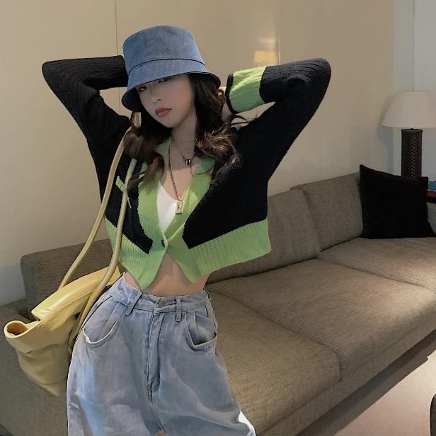 QADCOL Áo khoác cardigan dệt kim tay dài dáng ngắn thời trang cá tính cho nữ