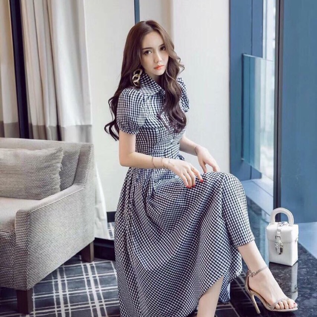 Váy maxi kẻ caro tay bồng (KÈM ẢNH THẬT) (GIÁ TỐT)