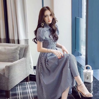 Váy maxi kẻ caro tay bồng