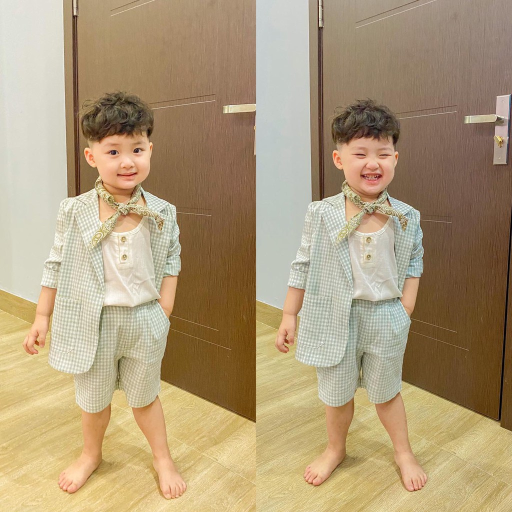 Set vest kẻ gingham xanh cho bé trai (gồm cả áo tanktop và không kèm khăn)