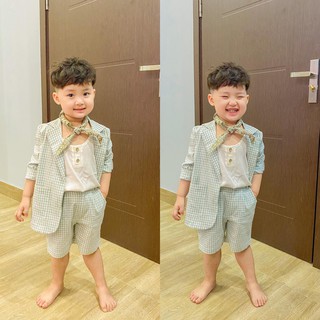 Set vest kẻ gingham xanh cho bé trai (gồm cả áo tanktop và không kèm khăn)