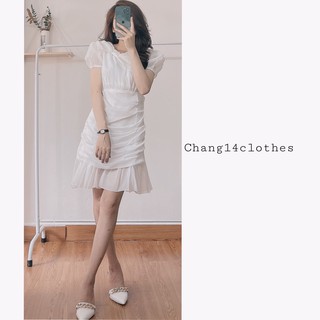 Váy đầm thiết kế nhún đuôi cá cổ tròn nơ
