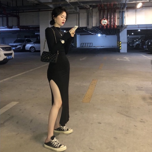ĐẦM BODY THUN DÀI CỔ CAO XẺ TÀ TAY XỎ NGÓN SEXY - BODYCON DRESS COTI OFFICIAL