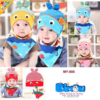 Set mũ yếm cotton tai thỏ sọc my-005