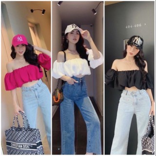 Áo trễ vai tay bồng croptop voan may 2 lớp dày dặn