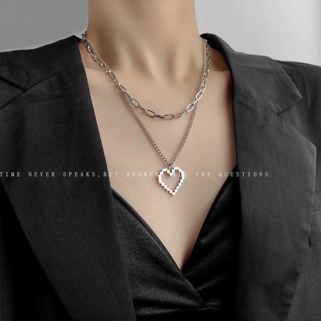 Vòng cổ Hai Lớp Bằng Thép Titan Mặt Hình Trái Tim Phong Cách Hip Hop