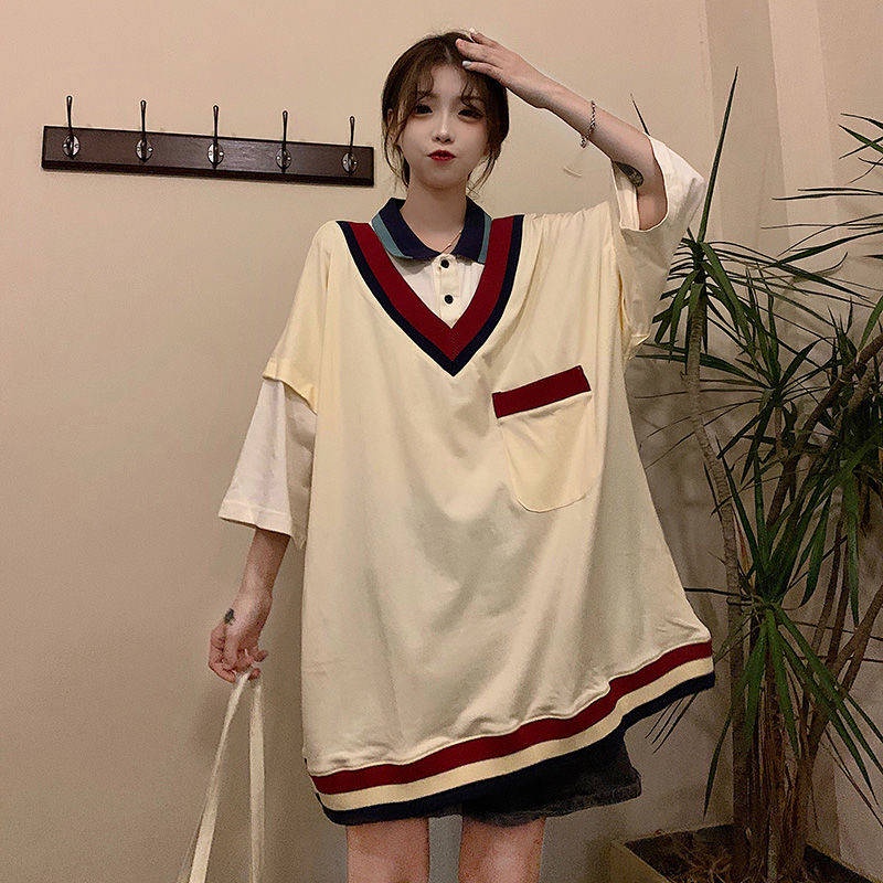áo polo Tay Ngắn Cổ Chữ V Giả Hai Lớp Phong Cách Hàn Quốc Thời Trang Mùa Hè Cho Nữ