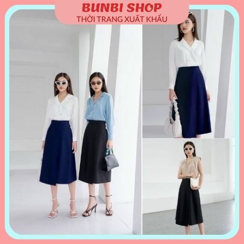 Chân váy chữ a dài công sở xếp vạt trước midi qua gối kiểu ulzzang xanh,đen siêu đẹp